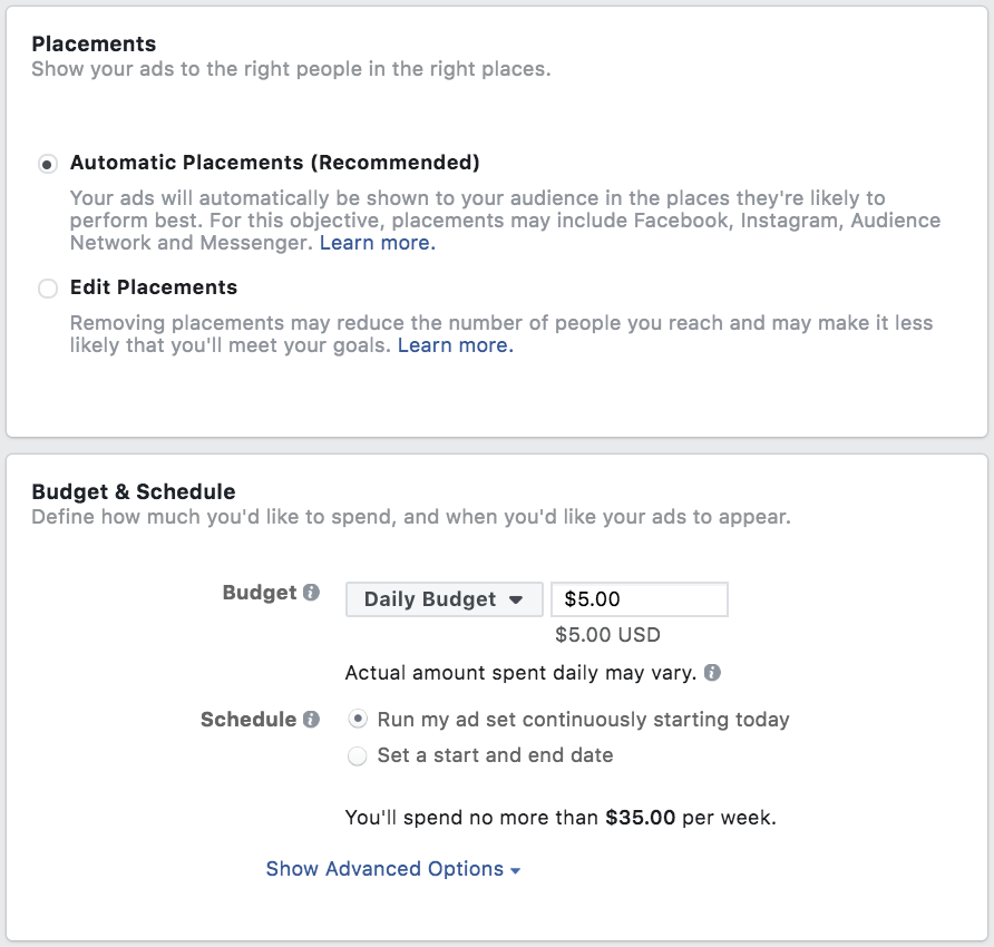 Facebook广告位置和预算选择的屏幕截图