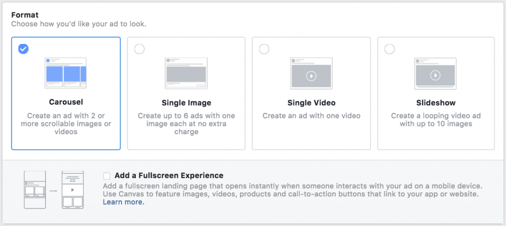 Facebook广告格式选项的屏幕截图
